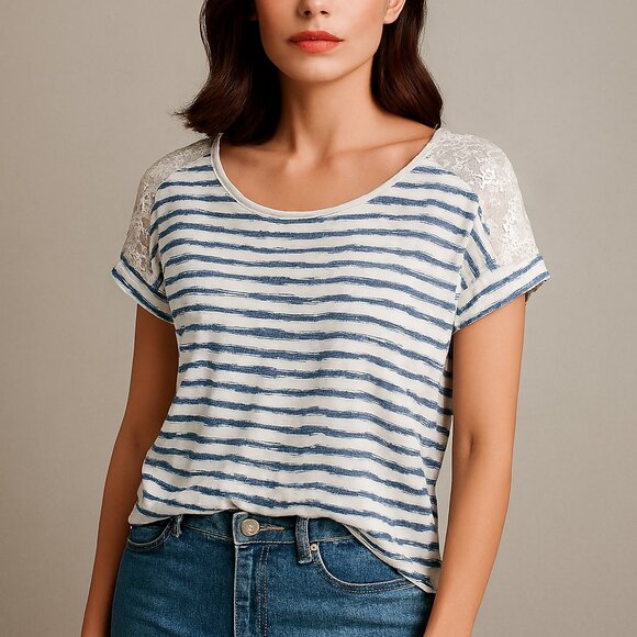 Zenergy by Chico's Striped T Short Sleeve White Sequins Blue White Small 8-10 - Picture 1 of 12